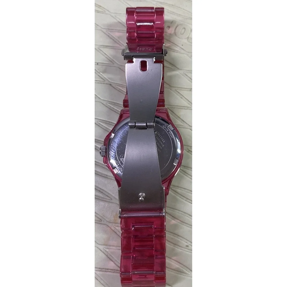 GUESS Women's U95198L3 Pink Plastic Strap Quartz Watch with Pink Dial Bezels EUC